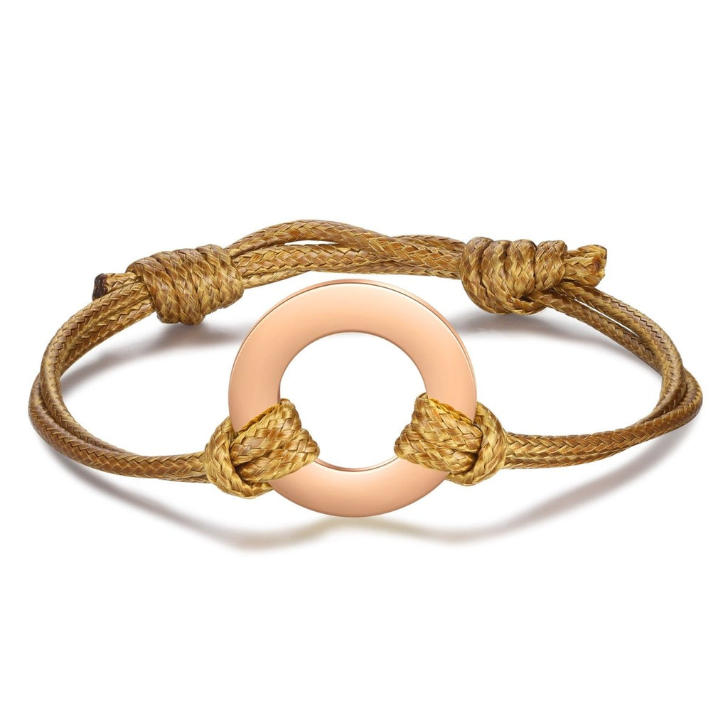 Custom engraved coordinates disc bracelet, personalized stainless steel and rope, 24cm, 6.1g, available in multiple color options.