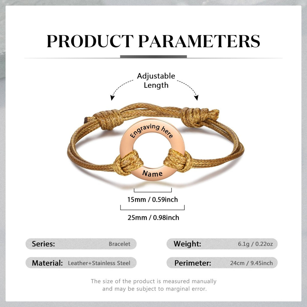 Custom engraved coordinates disc bracelet, personalized stainless steel and rope, 24cm, 6.1g, available in multiple color options.