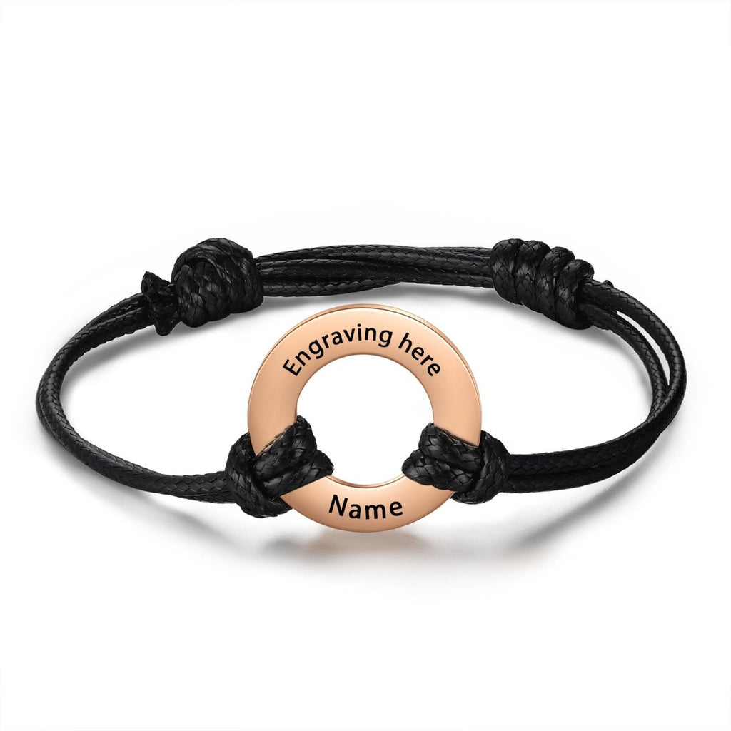 Custom engraved coordinates disc bracelet, personalized stainless steel and rope, 24cm, 6.1g, available in multiple color options.