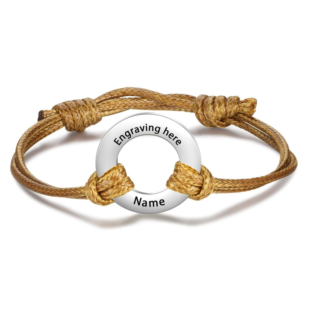 Custom engraved coordinates disc bracelet, personalized stainless steel and rope, 24cm, 6.1g, available in multiple color options.