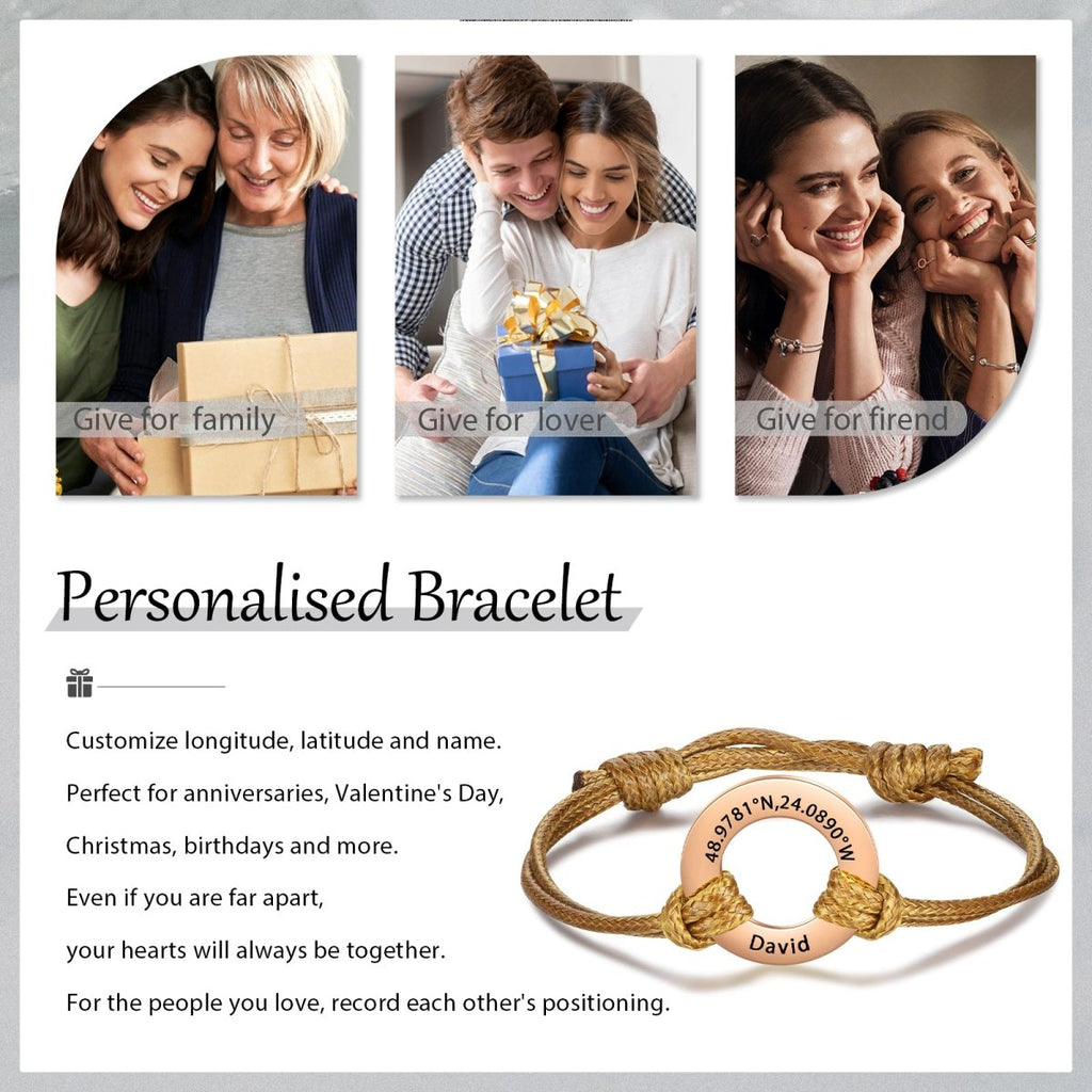 Custom engraved coordinates disc bracelet, personalized stainless steel and rope, 24cm, 6.1g, available in multiple color options.