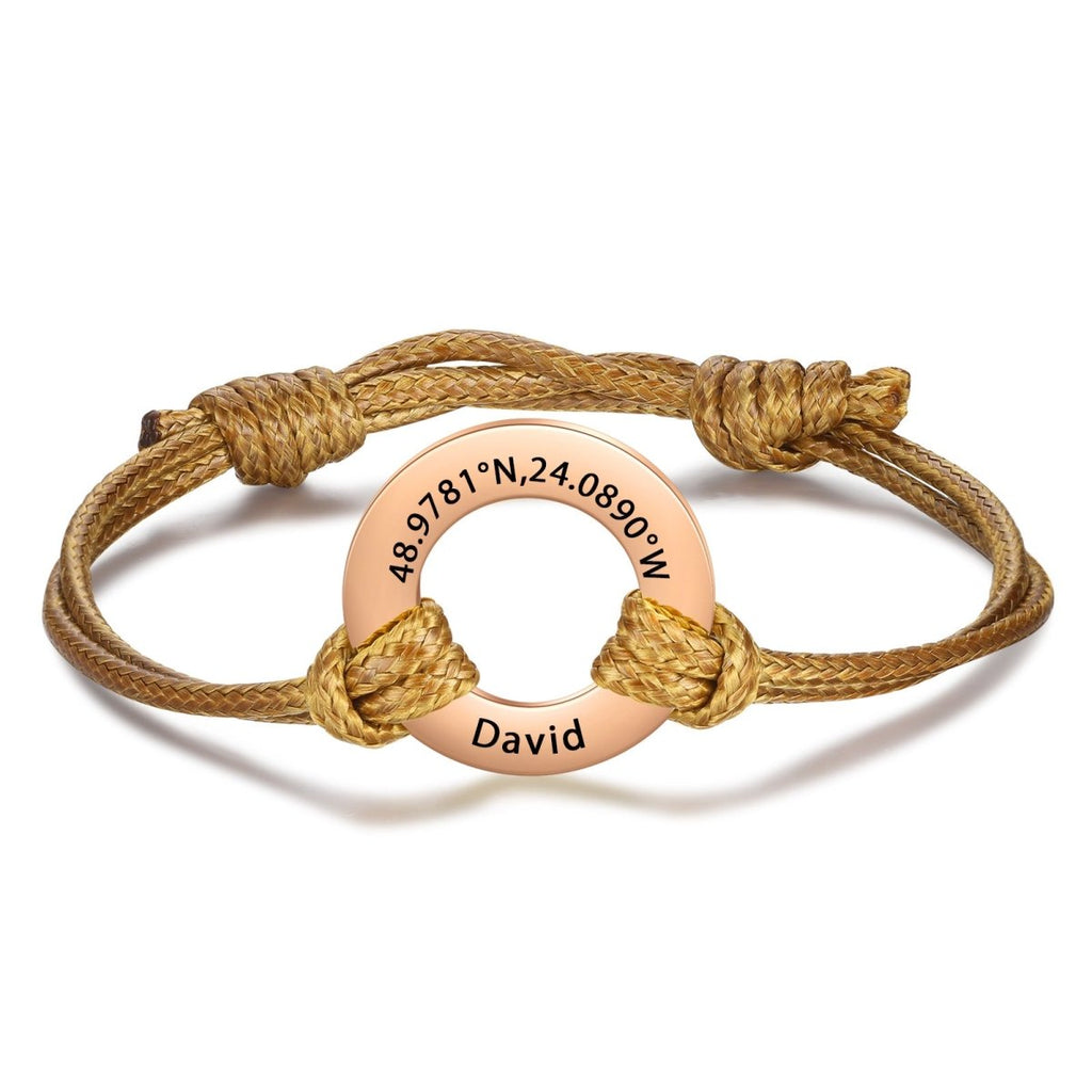 Custom engraved coordinates disc bracelet, personalized stainless steel and rope, 24cm, 6.1g, available in multiple color options.
