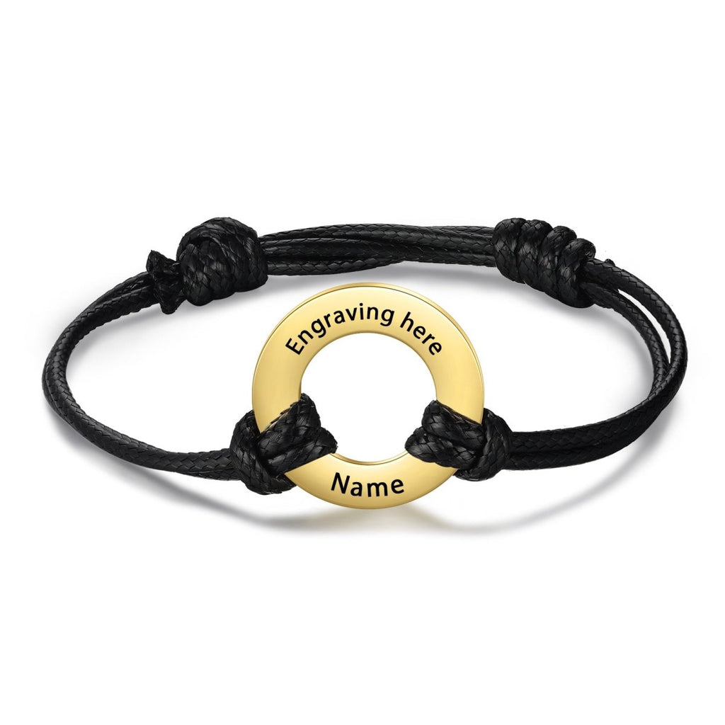 Custom engraved coordinates disc bracelet, personalized stainless steel and rope, 24cm, 6.1g, available in multiple color options.