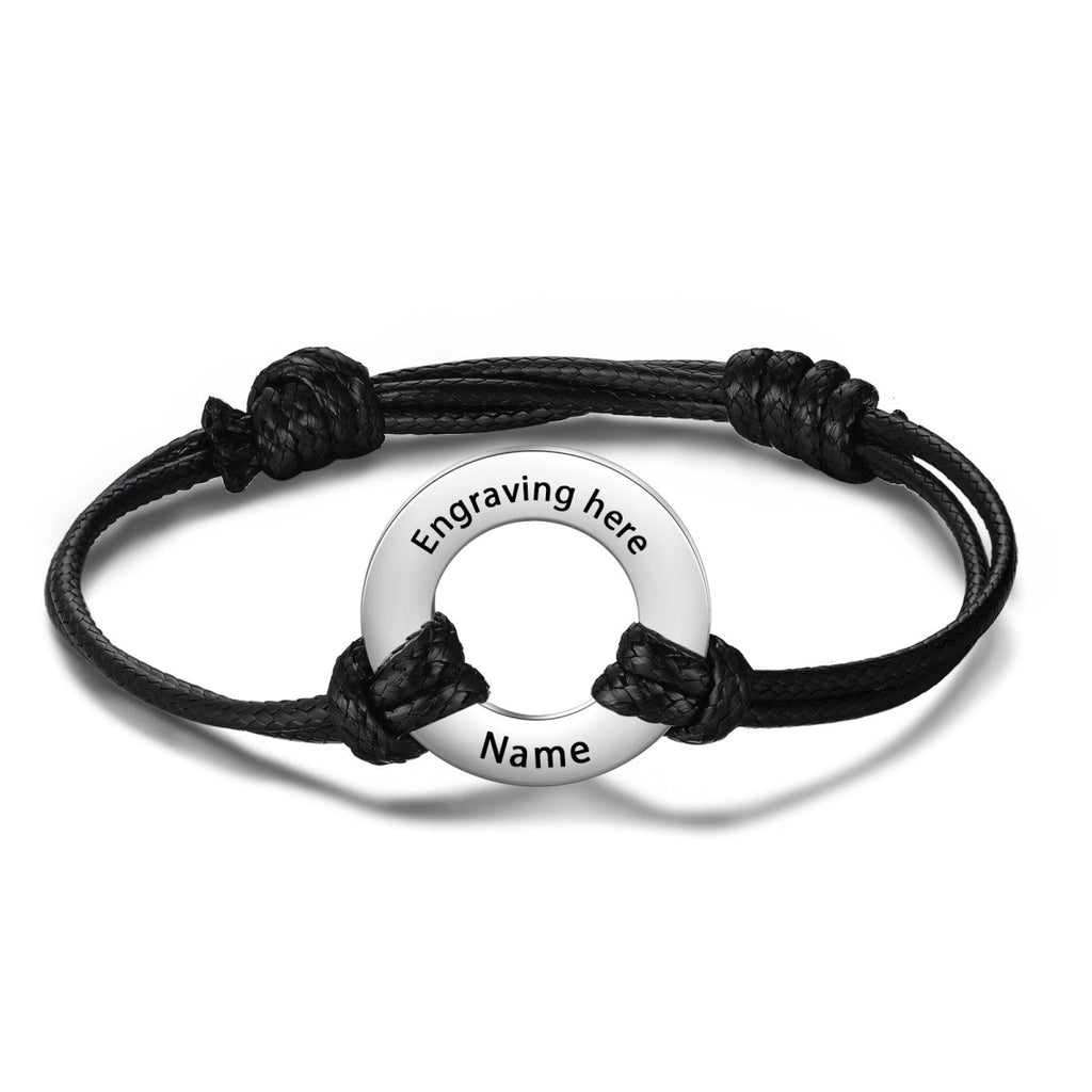 Custom engraved coordinates disc bracelet, personalized stainless steel and rope, 24cm, 6.1g, available in multiple color options.