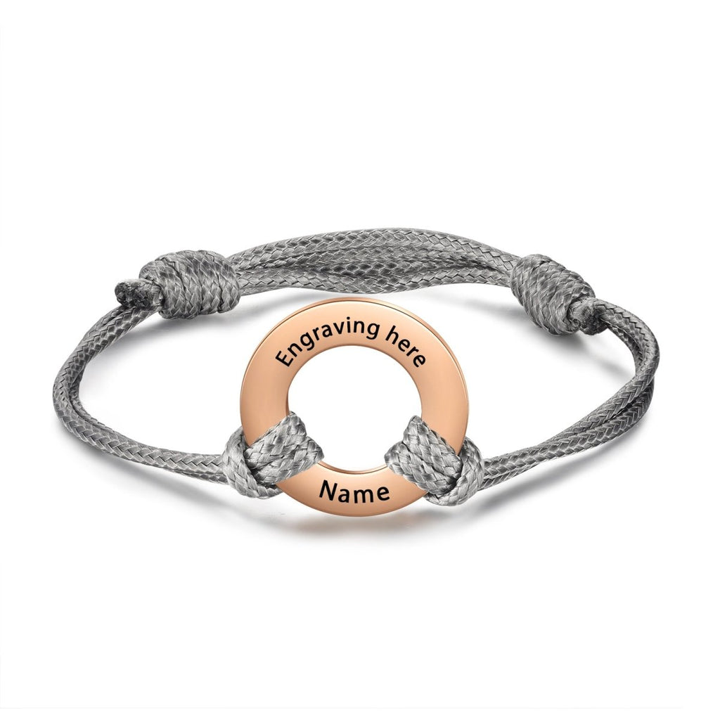 Custom engraved coordinates disc bracelet, personalized stainless steel and rope, 24cm, 6.1g, available in multiple color options.