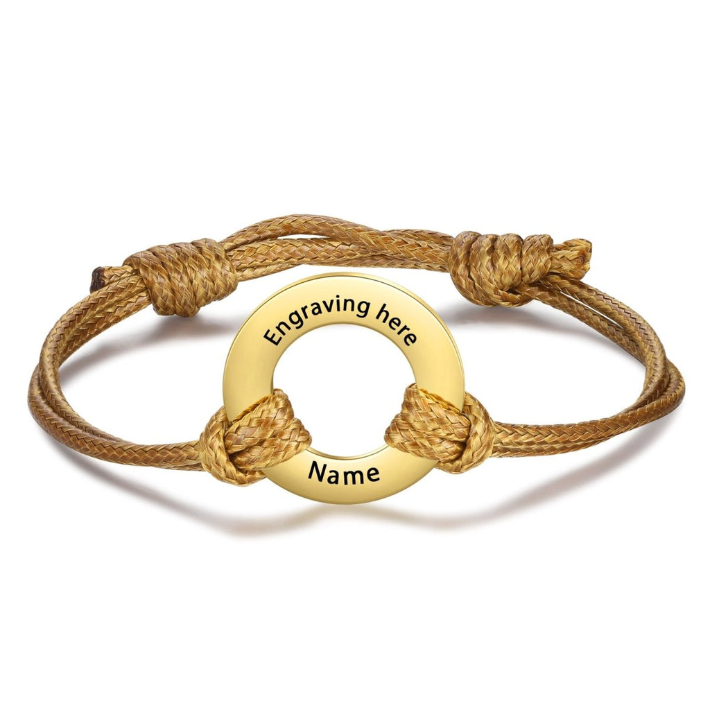 Custom engraved coordinates disc bracelet, personalized stainless steel and rope, 24cm, 6.1g, available in multiple color options.