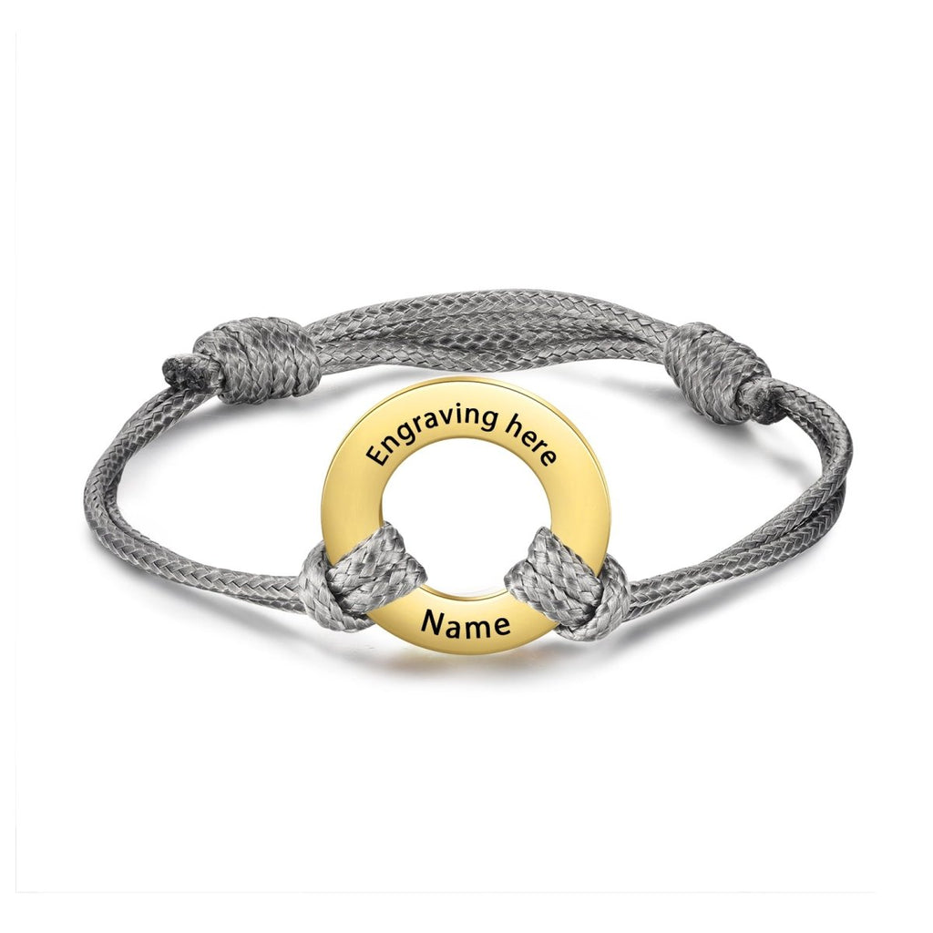 Custom engraved coordinates disc bracelet, personalized stainless steel and rope, 24cm, 6.1g, available in multiple color options.