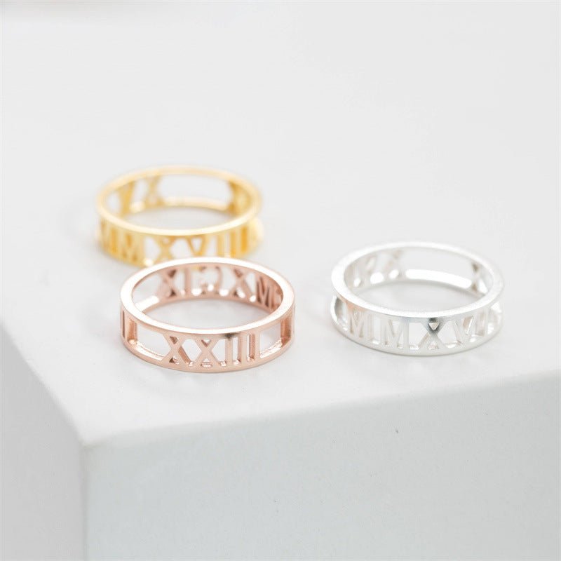 Custom cutout Roman numeral sterling silver ring, personalized date, gold/rose gold/white gold, 2g.