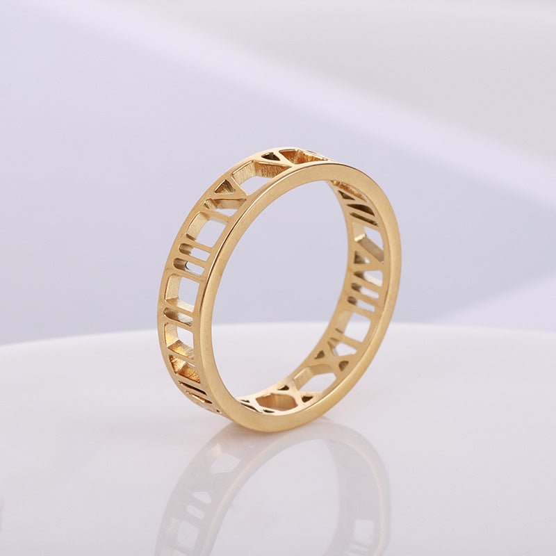 Custom cutout Roman numeral sterling silver ring, personalized date, gold/rose gold/white gold, 2g.