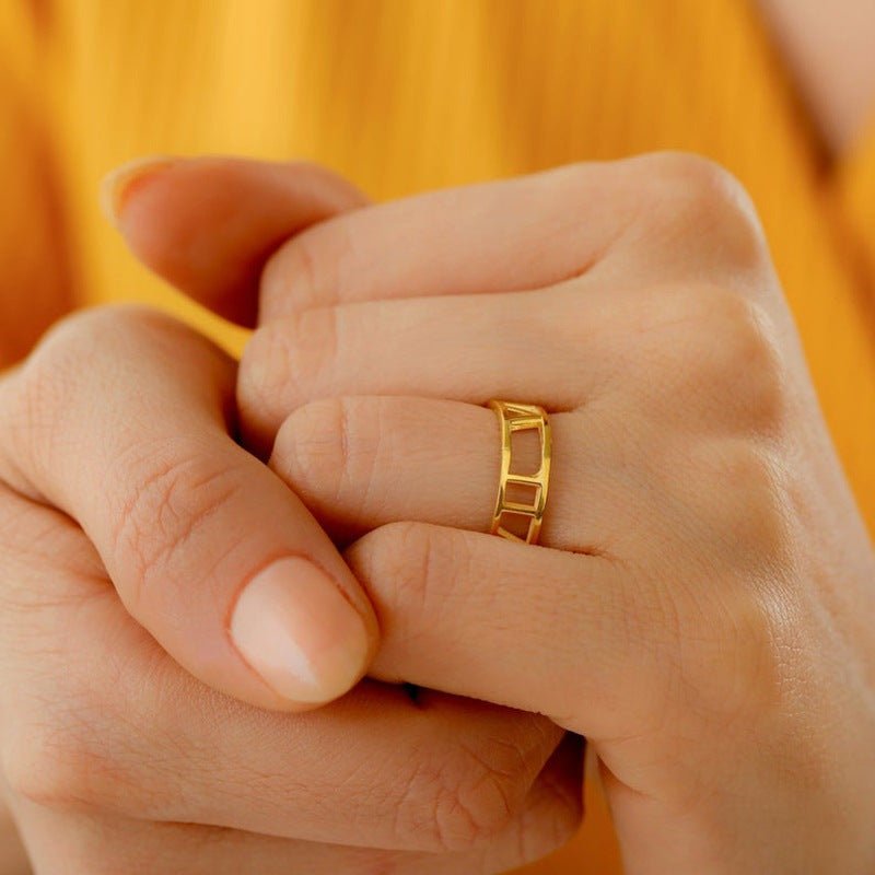 Custom cutout Roman numeral sterling silver ring, personalized date, gold/rose gold/white gold, 2g.
