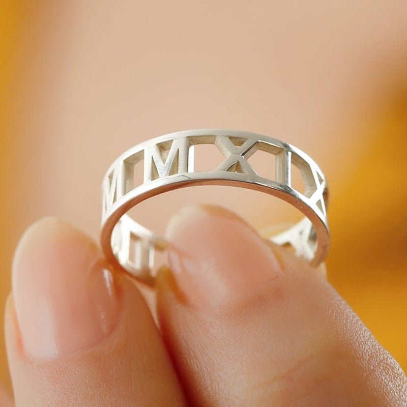 Custom cutout Roman numeral sterling silver ring, personalized date, gold/rose gold/white gold, 2g.