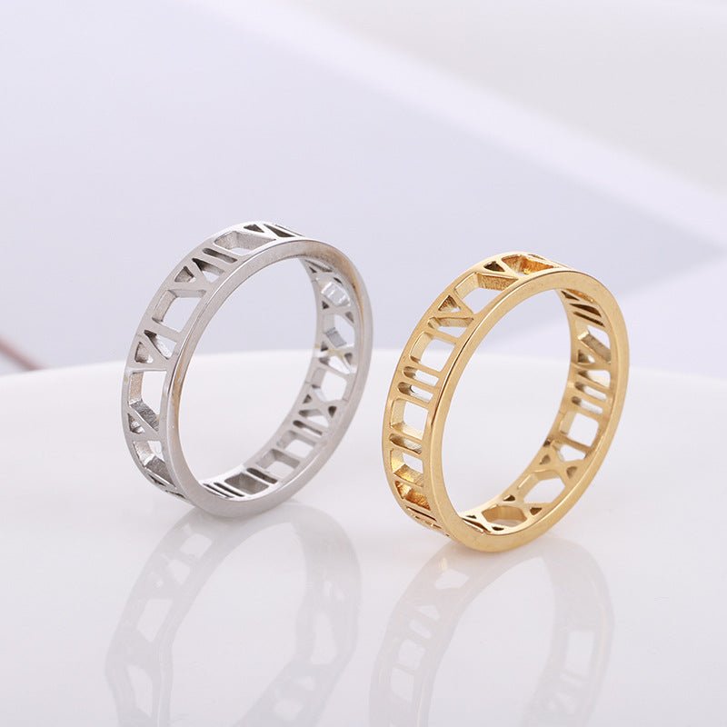 Custom cutout Roman numeral sterling silver ring, personalized date, gold/rose gold/white gold, 2g.