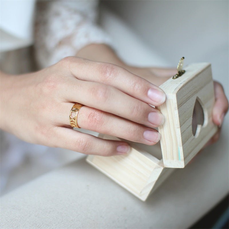 Custom cutout Roman numeral sterling silver ring, personalized date, gold/rose gold/white gold, 2g.