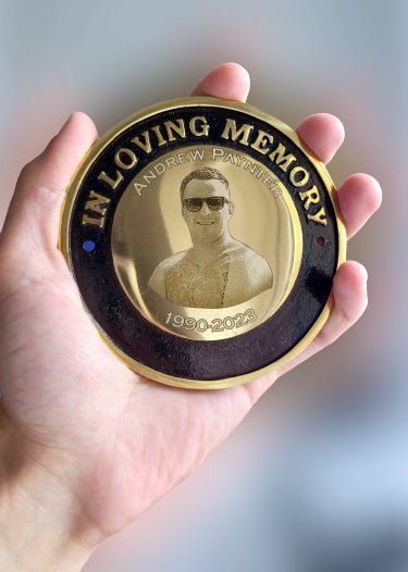 Custom engraved brass bench plate, round memorial plaque with photo, 4-inch diameter, 340g.
