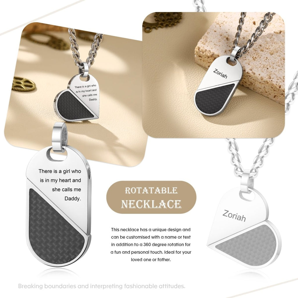 Custom heart and dog tag rotating necklace pendant for men, stainless steel, personalized, 37.2g.