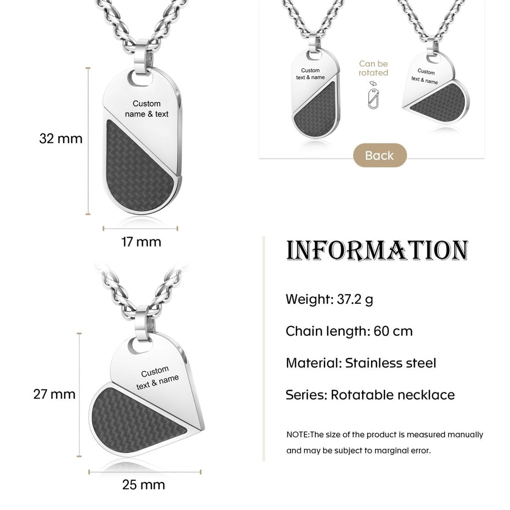 Custom heart and dog tag rotating necklace pendant for men, stainless steel, personalized, 37.2g.