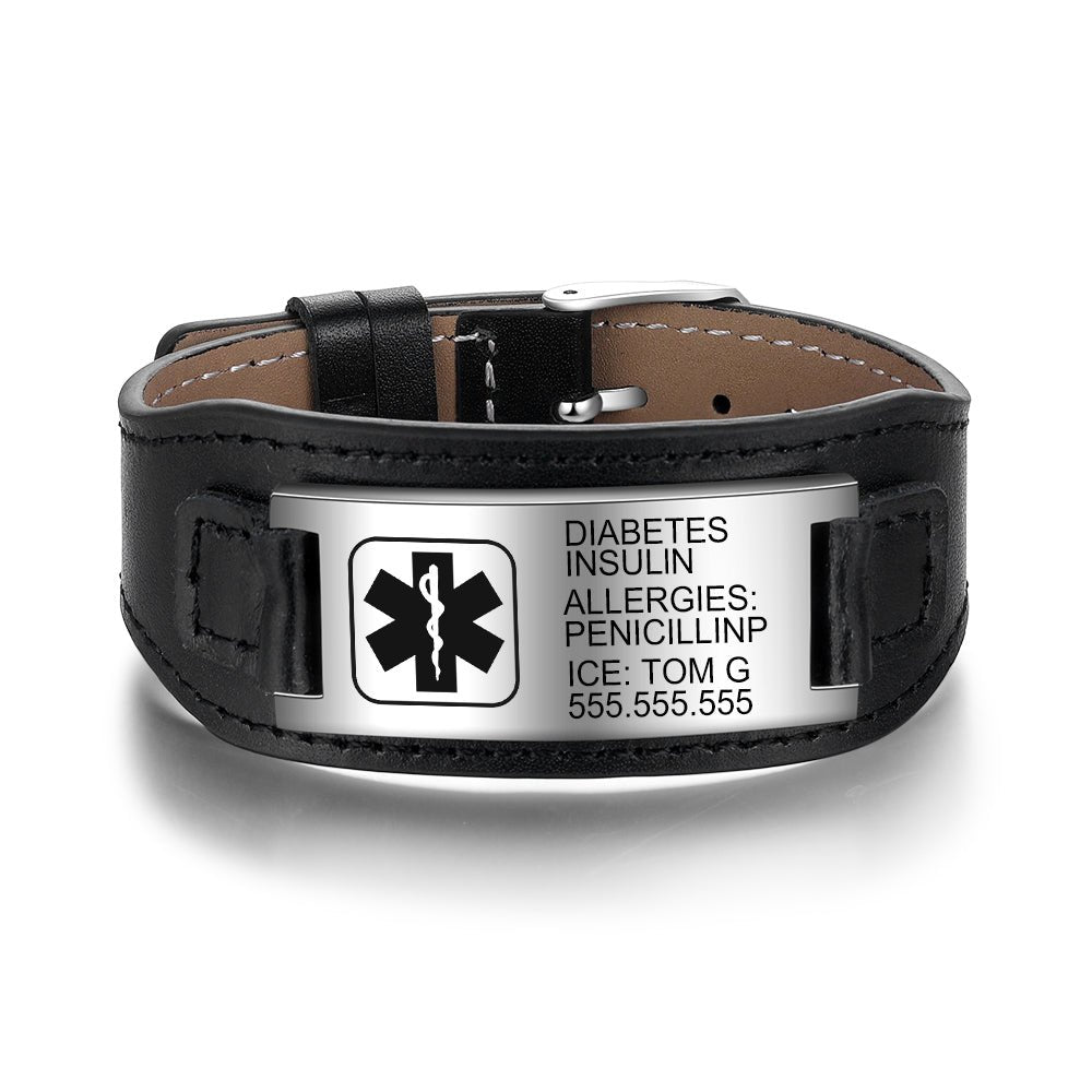 Custom Medical Alert Bracelet - Personalised Leather and Steel Medical ID bracelet for Men - Engraved Memories