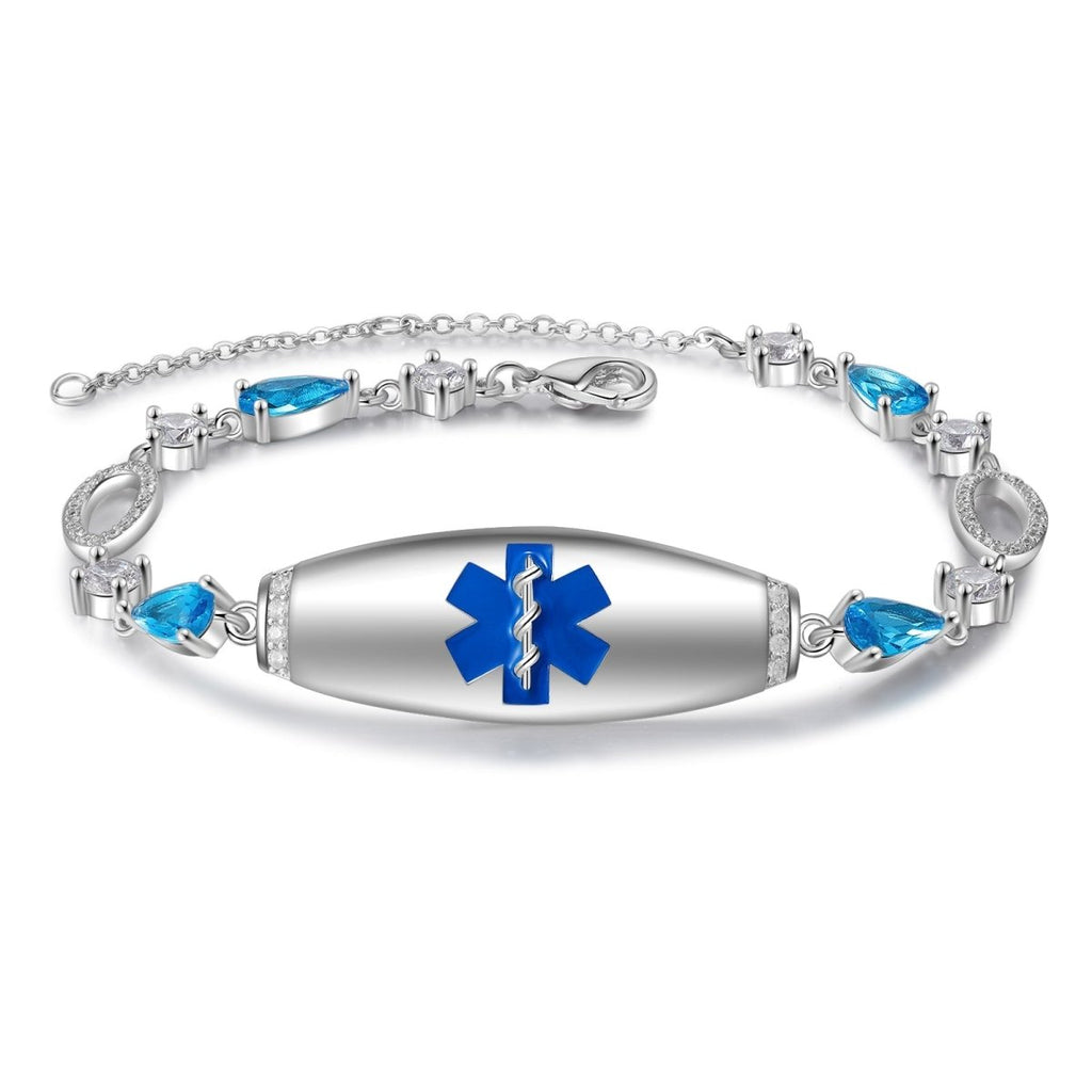 Custom blue medical alert bracelet, personalized ID for women, white gold plated, 17.5+5cm, 9.9g.