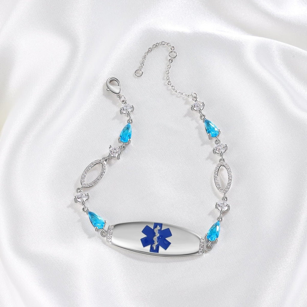 Custom blue medical alert bracelet, personalized ID for women, white gold plated, 17.5+5cm, 9.9g.