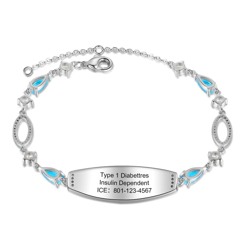 Custom blue medical alert bracelet, personalized ID for women, white gold plated, 17.5+5cm, 9.9g.