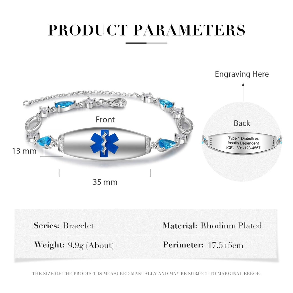 Custom blue medical alert bracelet, personalized ID for women, white gold plated, 17.5+5cm, 9.9g.