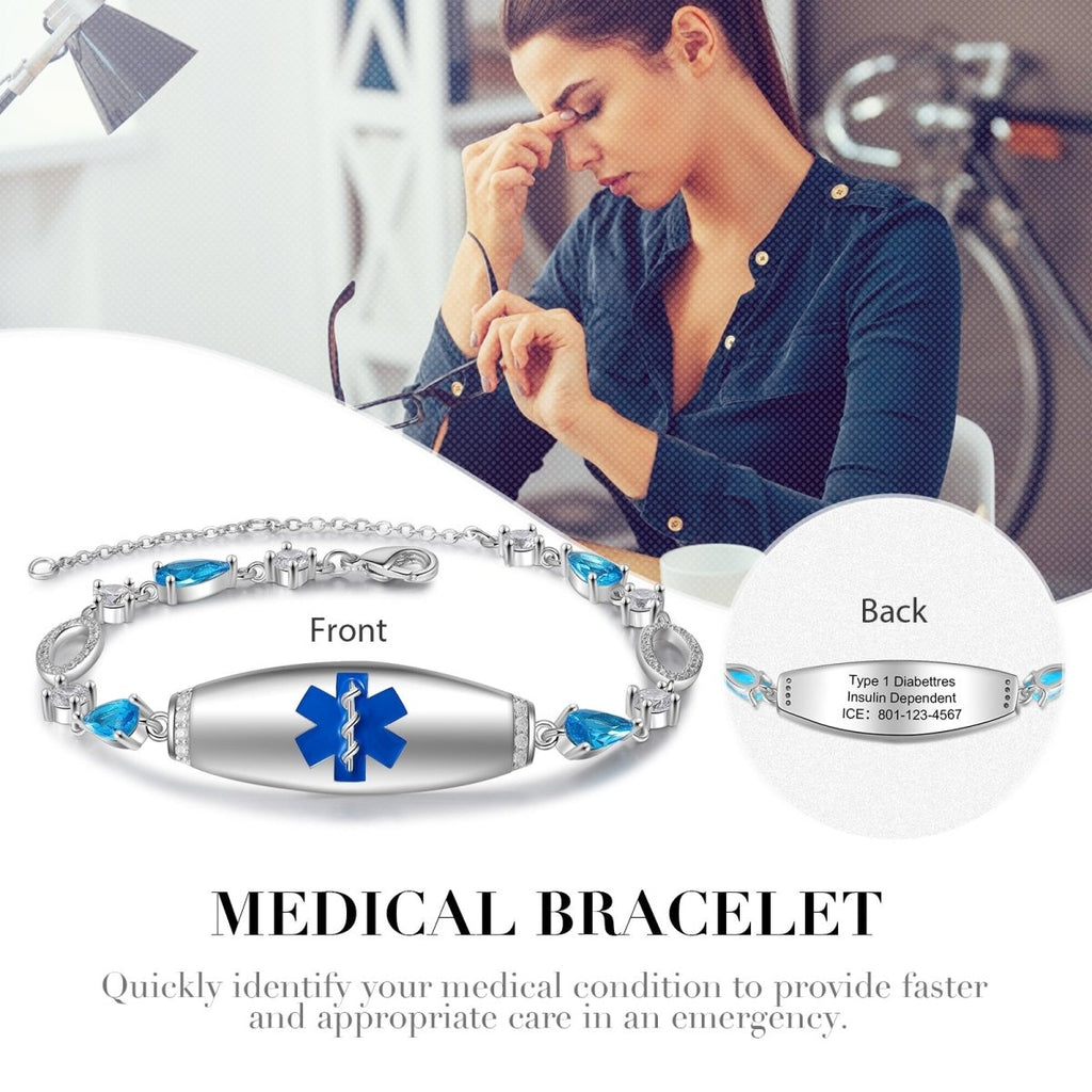 Custom blue medical alert bracelet, personalized ID for women, white gold plated, 17.5+5cm, 9.9g.