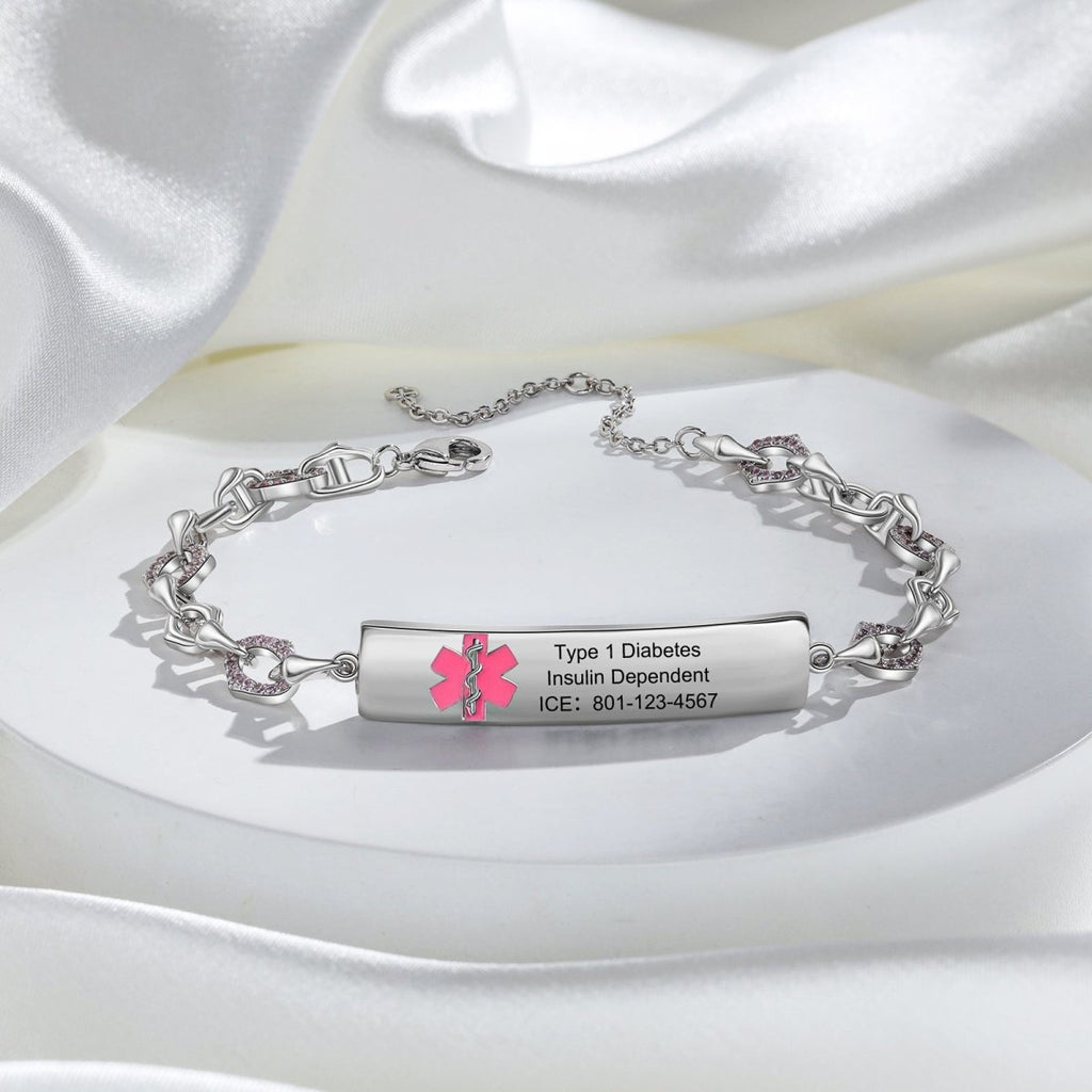 Custom medical alert bracelet, personalized ID for women, white gold plated, 17.5+5cm, 10.3g.