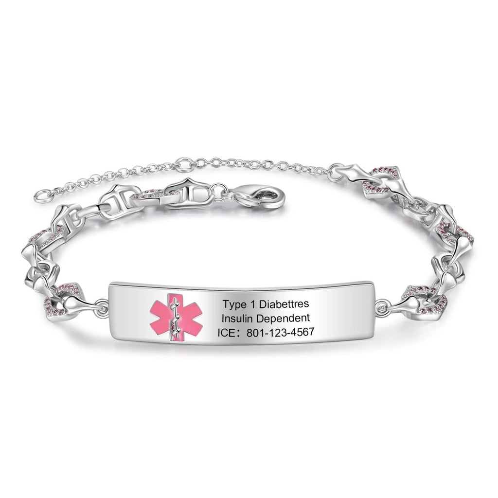 Custom medical alert bracelet, personalized ID for women, white gold plated, 17.5+5cm, 10.3g.