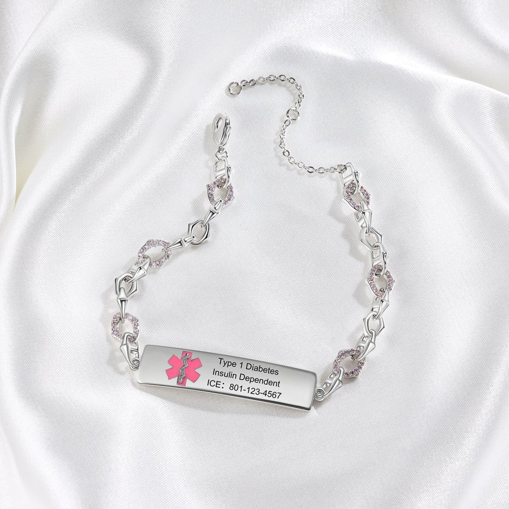 Custom medical alert bracelet, personalized ID for women, white gold plated, 17.5+5cm, 10.3g.
