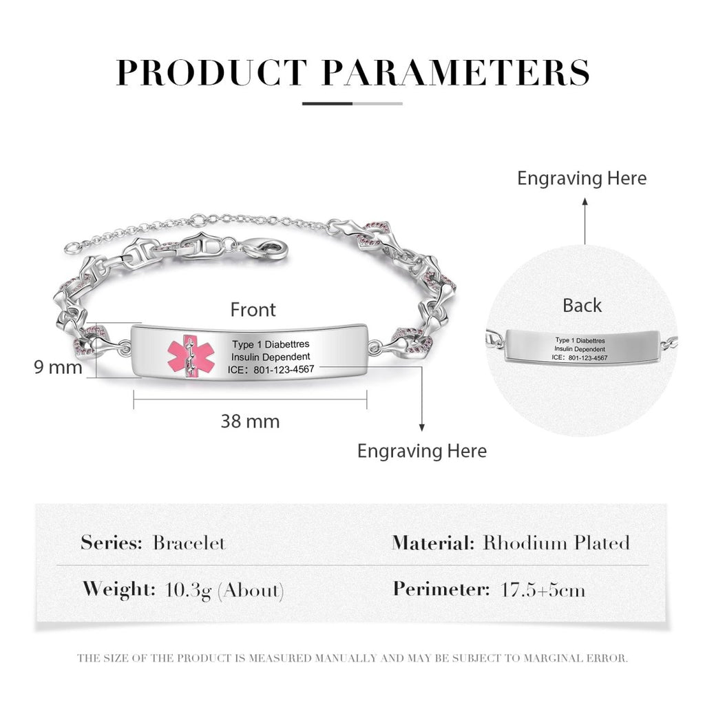 Custom medical alert bracelet, personalized ID for women, white gold plated, 17.5+5cm, 10.3g.