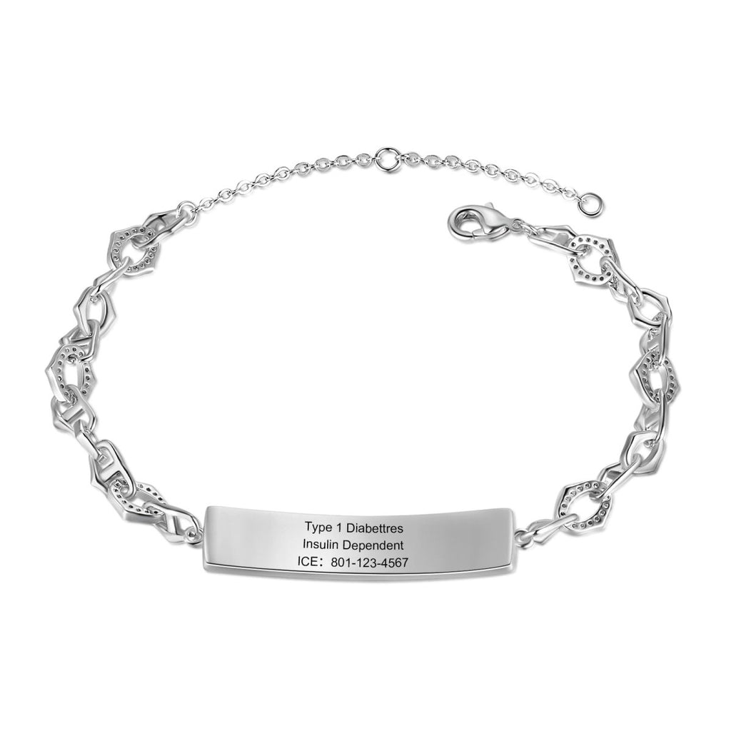 Custom medical alert bracelet, personalized ID for women, white gold plated, 17.5+5cm, 10.3g.