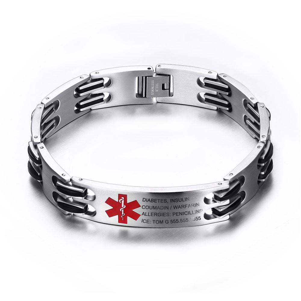 Custom personalized men's medical alert bracelet, stainless steel, white gold plated, 49.3g.
