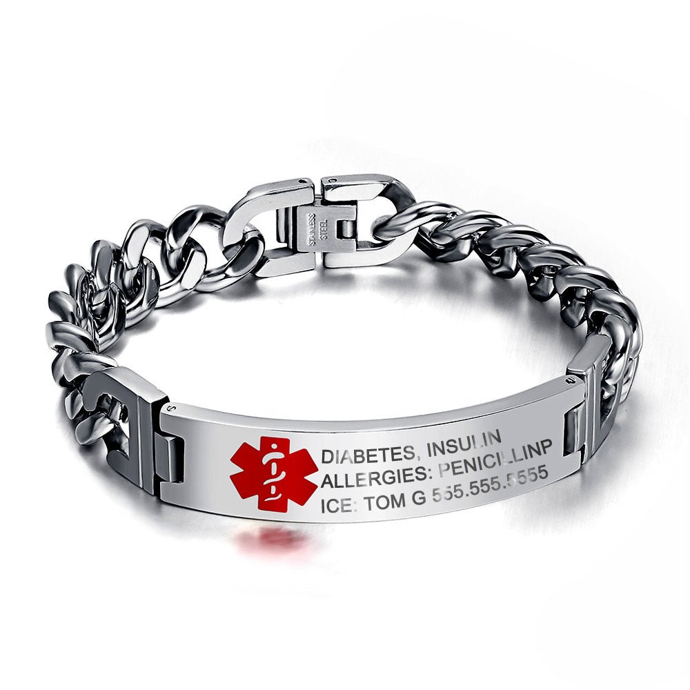 Custom Medical Bracelet - Personalised Stainless Steel Men's Medical Alert Bracelet, Medical ID Bracelet for Men, Cuban Link Strap - Engraved Memories