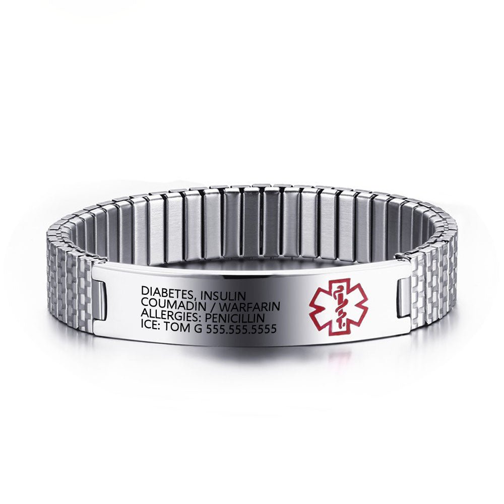 Custom Medical Bracelet - Personalised Stainless Steel Men's Medical Alert Bracelet, Medical ID Bracelet for Men, Elastic Adjustable Link Strap - Engraved Memories