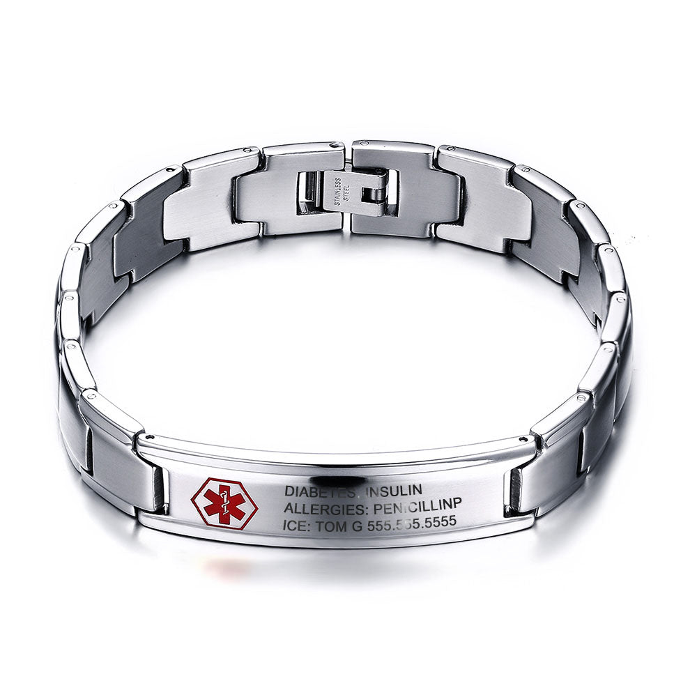 Custom Medical Bracelet - Personalised Stainless Steel Men's Medical Alert Bracelet, Medical ID Bracelet for Men, Oyster Link Strap - Engraved Memories