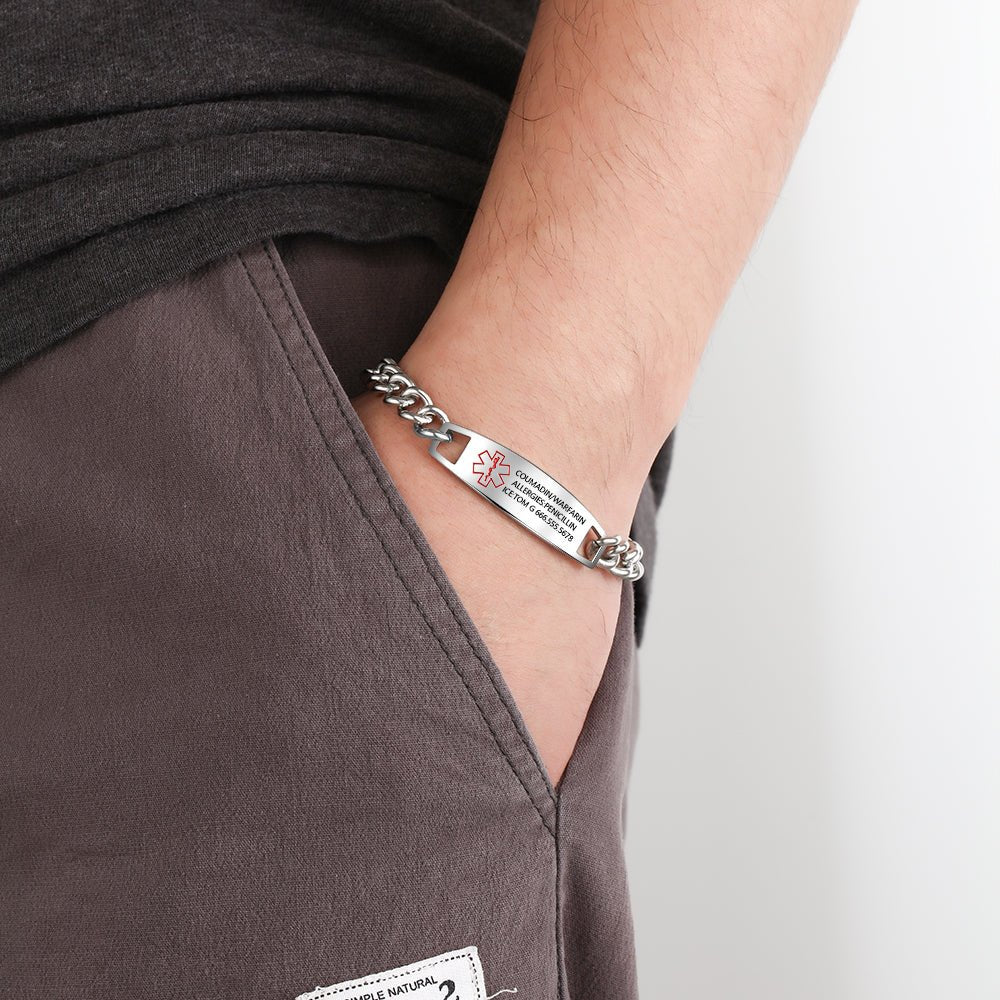 Custom Medical Bracelet - Personalised Titanium Steel Men's Medical Alert Bracelet, Medical ID Bracelet for Men, Rope Link Strap - Engraved Memories
