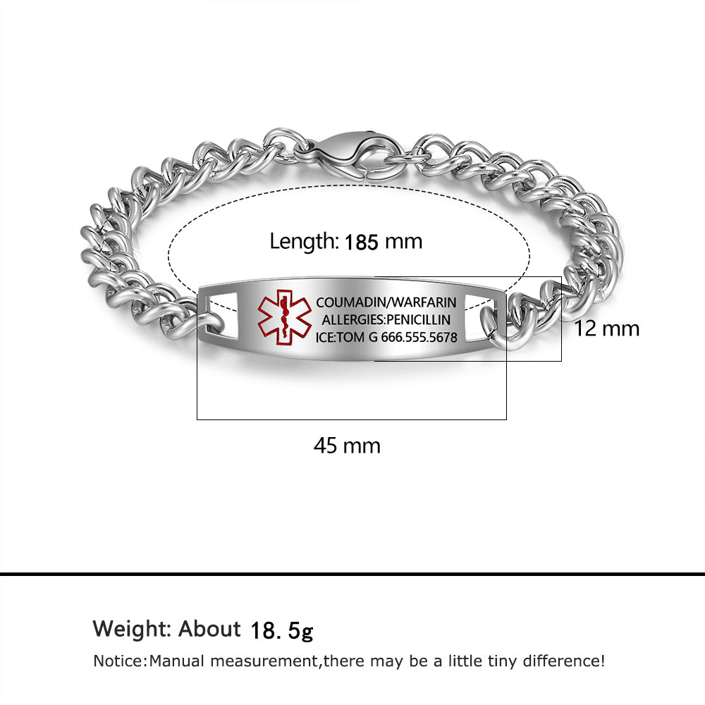 Custom Medical Bracelet - Personalised Titanium Steel Men's Medical Alert Bracelet, Medical ID Bracelet for Men, Rope Link Strap - Engraved Memories