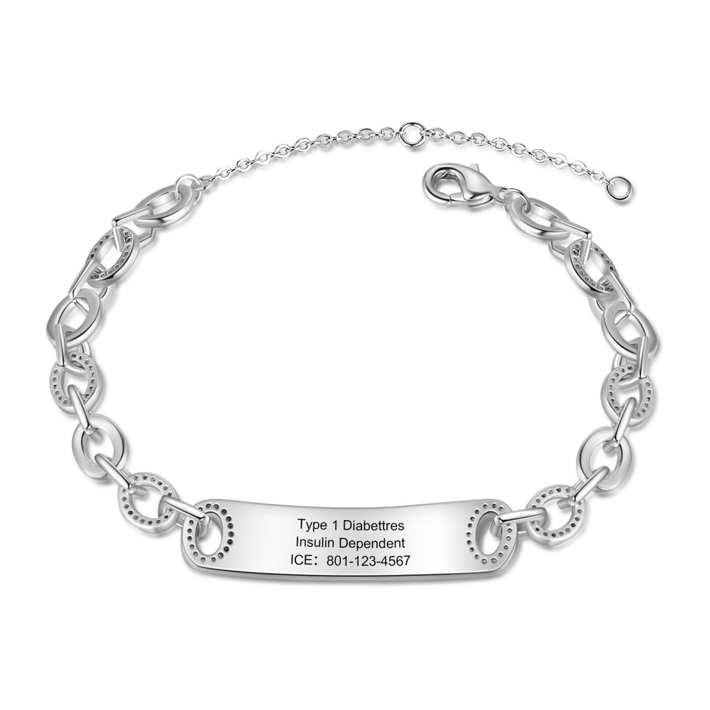 Custom women's medical alert bracelet, personalized ID, white gold plated, 17.5+5cm, 11.3g.