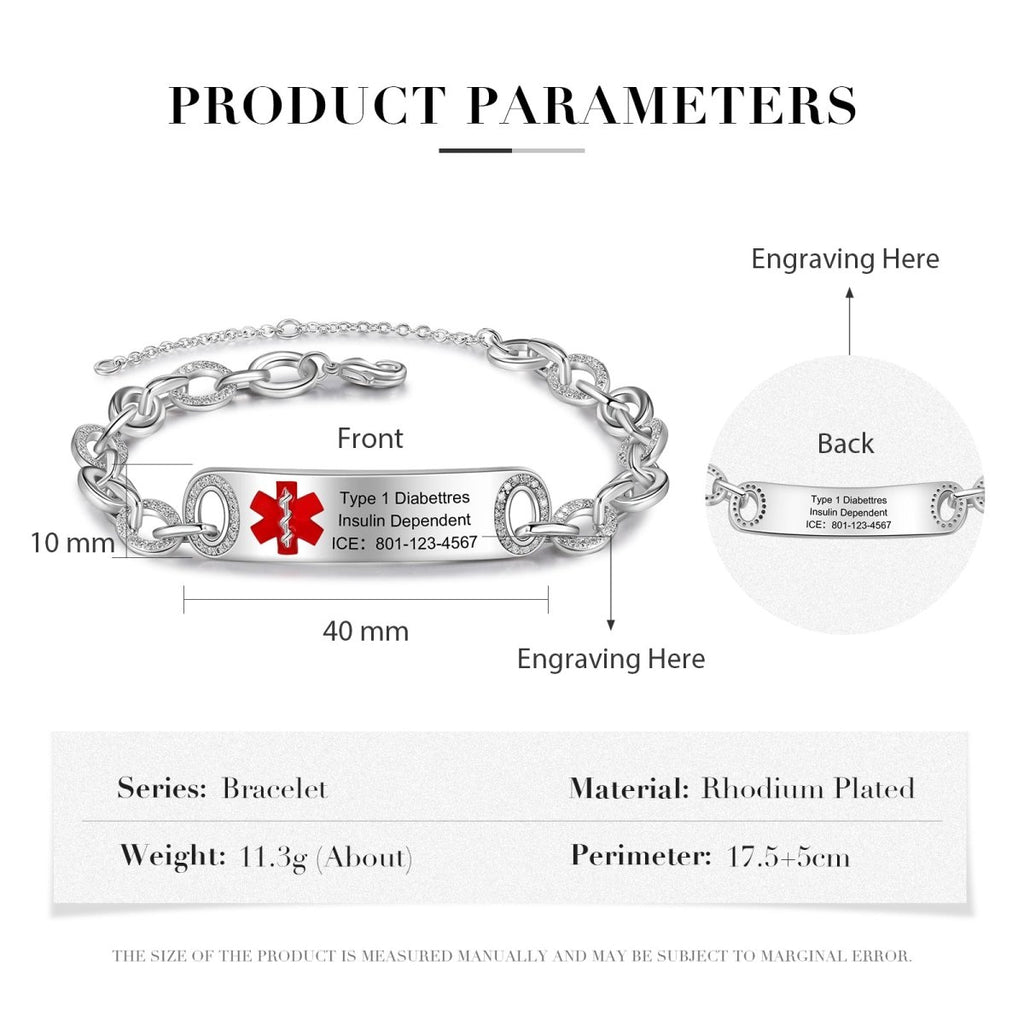 Custom women's medical alert bracelet, personalized ID, white gold plated, 17.5+5cm, 11.3g.