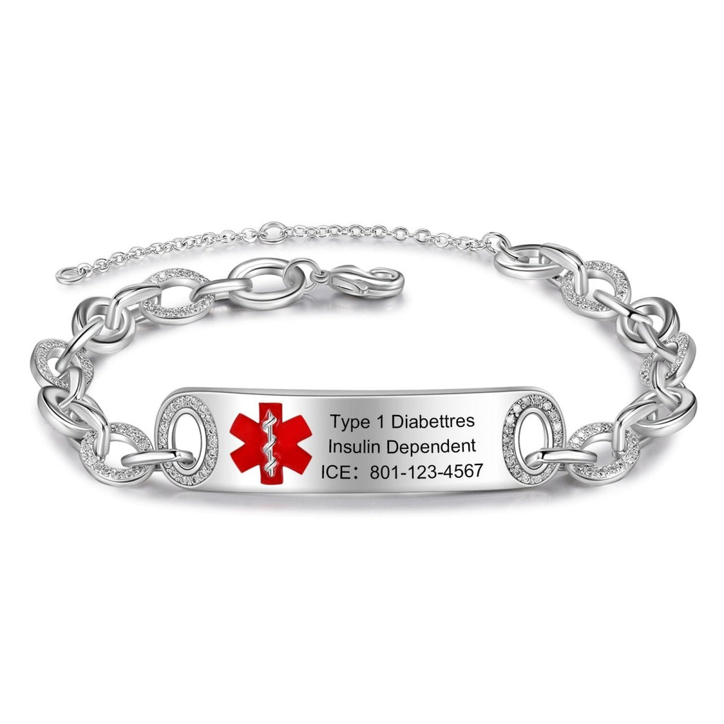Custom women's medical alert bracelet, personalized ID, white gold plated, 17.5+5cm, 11.3g.
