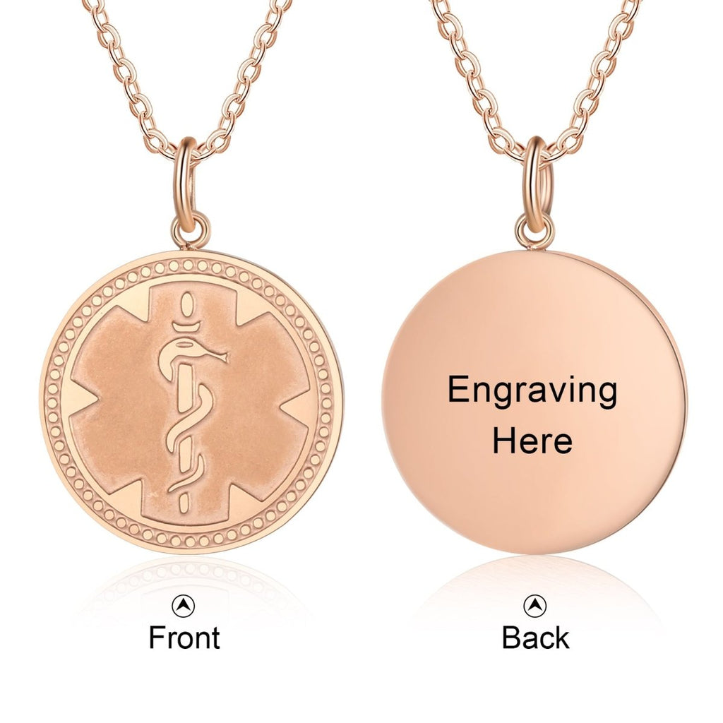 Custom Medical Necklace - Rose Gold Plated Medical Alert Necklace, Personalised Engraved Medical ID Pendant with Chain - Engraved Memories