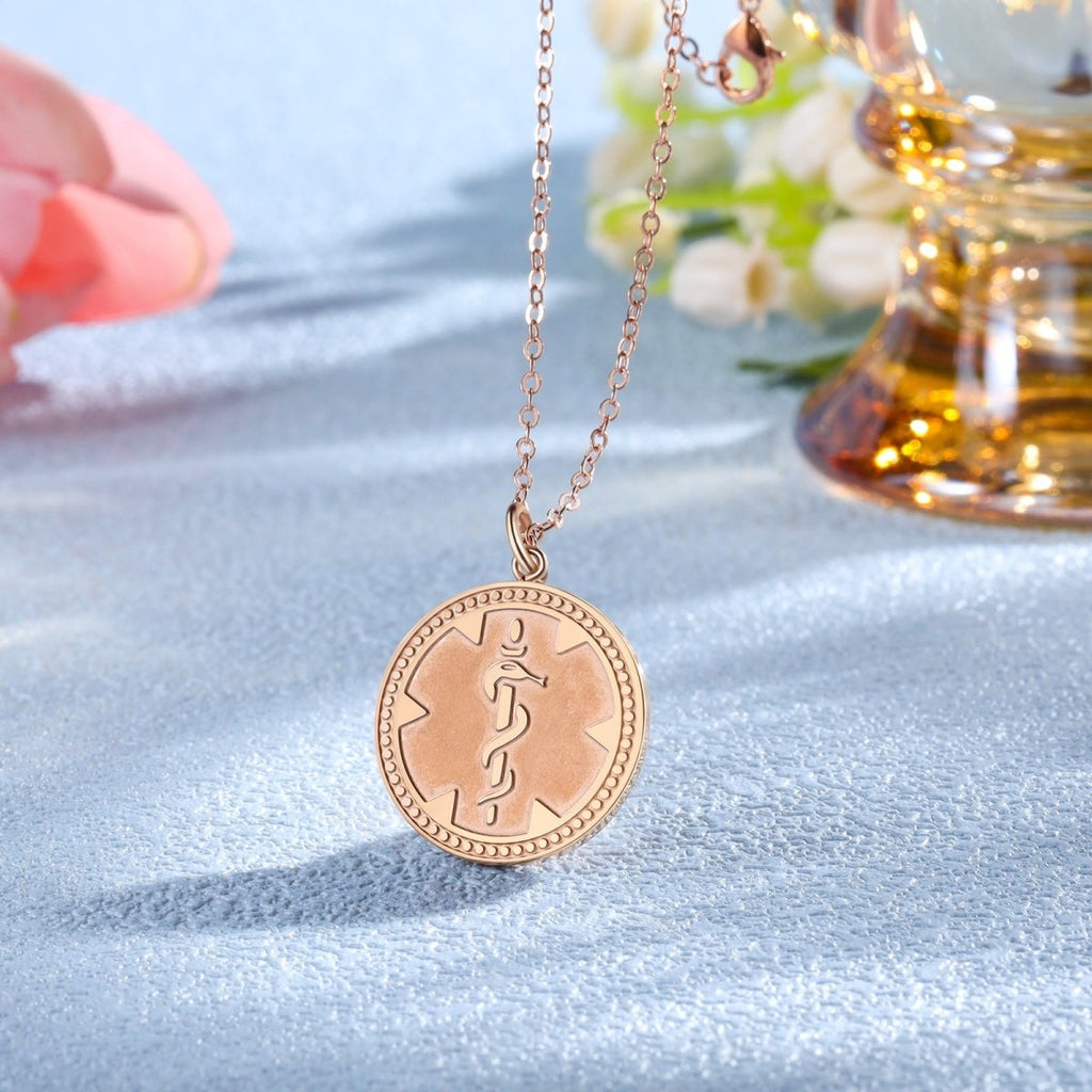 Custom Medical Necklace - Rose Gold Plated Medical Alert Necklace, Personalised Engraved Medical ID Pendant with Chain - Engraved Memories