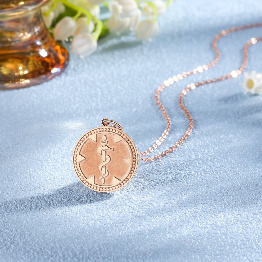 Custom Medical Necklace - Rose Gold Plated Medical Alert Necklace, Personalised Engraved Medical ID Pendant with Chain - Engraved Memories