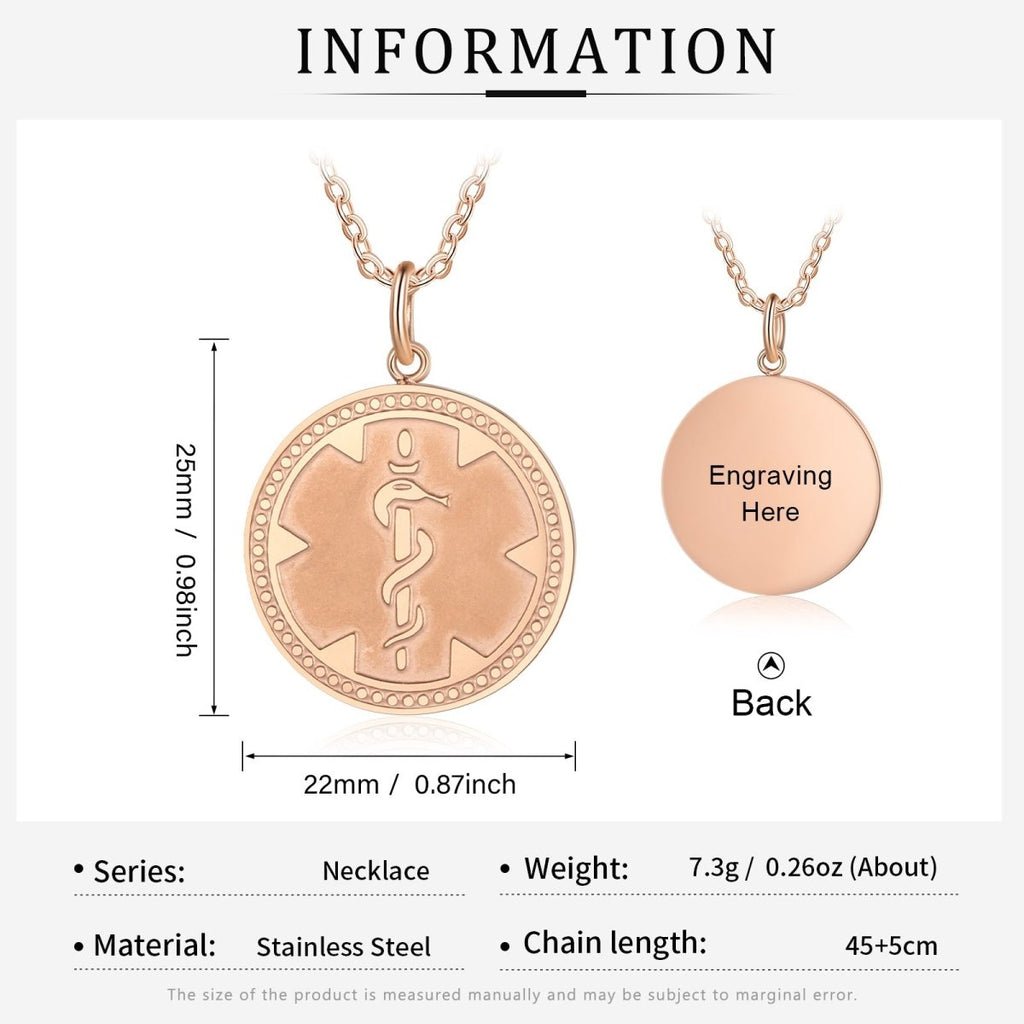 Custom Medical Necklace - Rose Gold Plated Medical Alert Necklace, Personalised Engraved Medical ID Pendant with Chain - Engraved Memories