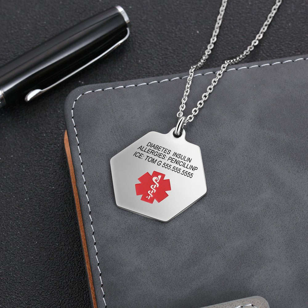 Custom stainless steel medical alert necklace, hexagonal ID pendant, white gold plated, 50+5+5cm, 13g.