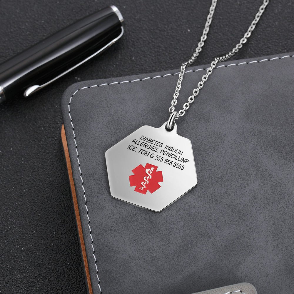 Custom Medical Necklace - Stainless Steel Medical Alert Necklace, Personalised Hexagonal Medical ID Pendant with Chain - Engraved Memories