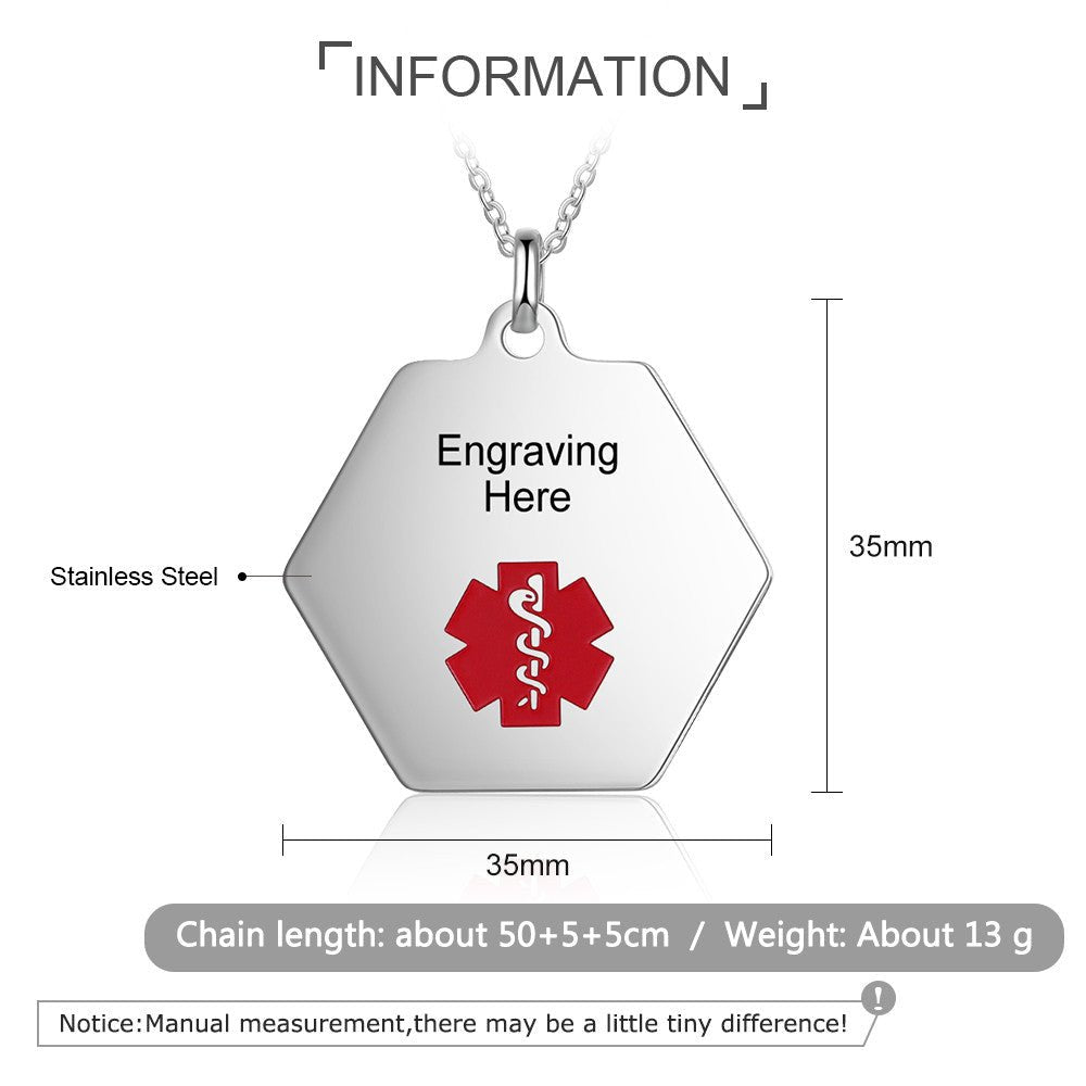 Custom stainless steel medical alert necklace, hexagonal ID pendant, white gold plated, 50+5+5cm, 13g.