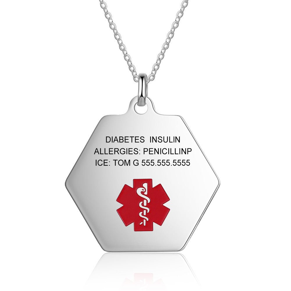 Custom stainless steel medical alert necklace, hexagonal ID pendant, white gold plated, 50+5+5cm, 13g.