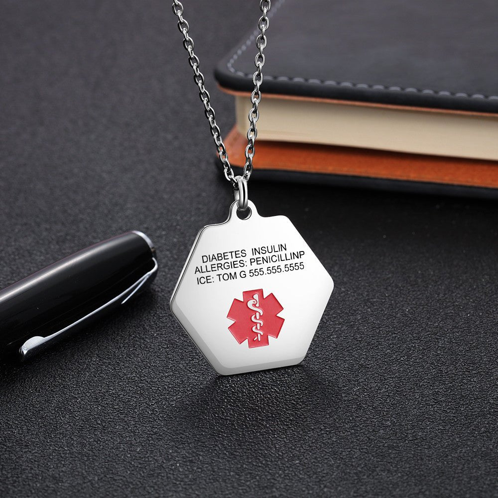 Custom stainless steel medical alert necklace, hexagonal ID pendant, white gold plated, 50+5+5cm, 13g.