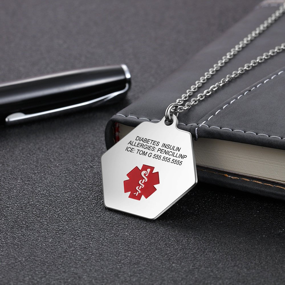 Custom stainless steel medical alert necklace, hexagonal ID pendant, white gold plated, 50+5+5cm, 13g.